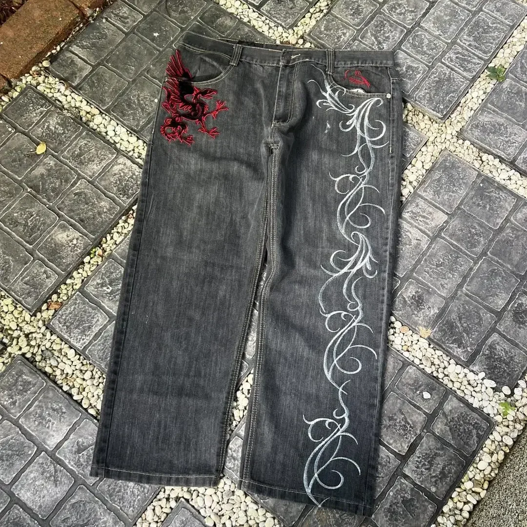 Embroidered oversized dark dragon pattern jeans, retro Harajuku denim trousers, street rock high-waisted wide-leg loose pants