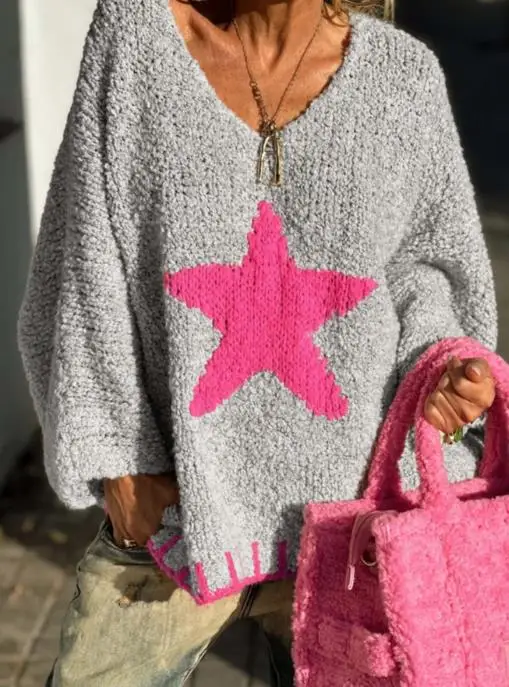 

2025 Autumn New Star Pattern Women's Casual Loose Loop Yarn V-neck Knitted Sweater Women's Wear