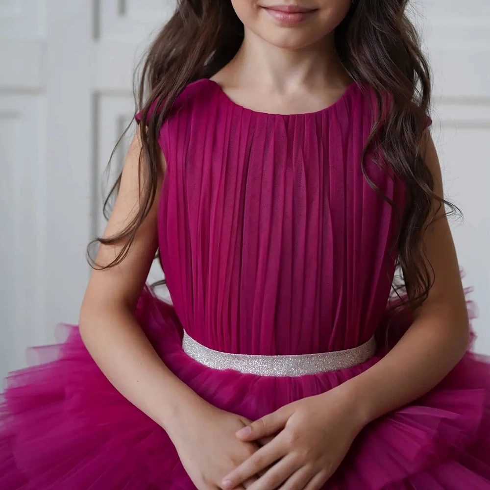 Vestido sin mangas de tul con cuello redondo para niños, Mini vestido con cinturón, vestidos de niña de flores para niños, vestido de fiesta de boda y cumpleaños