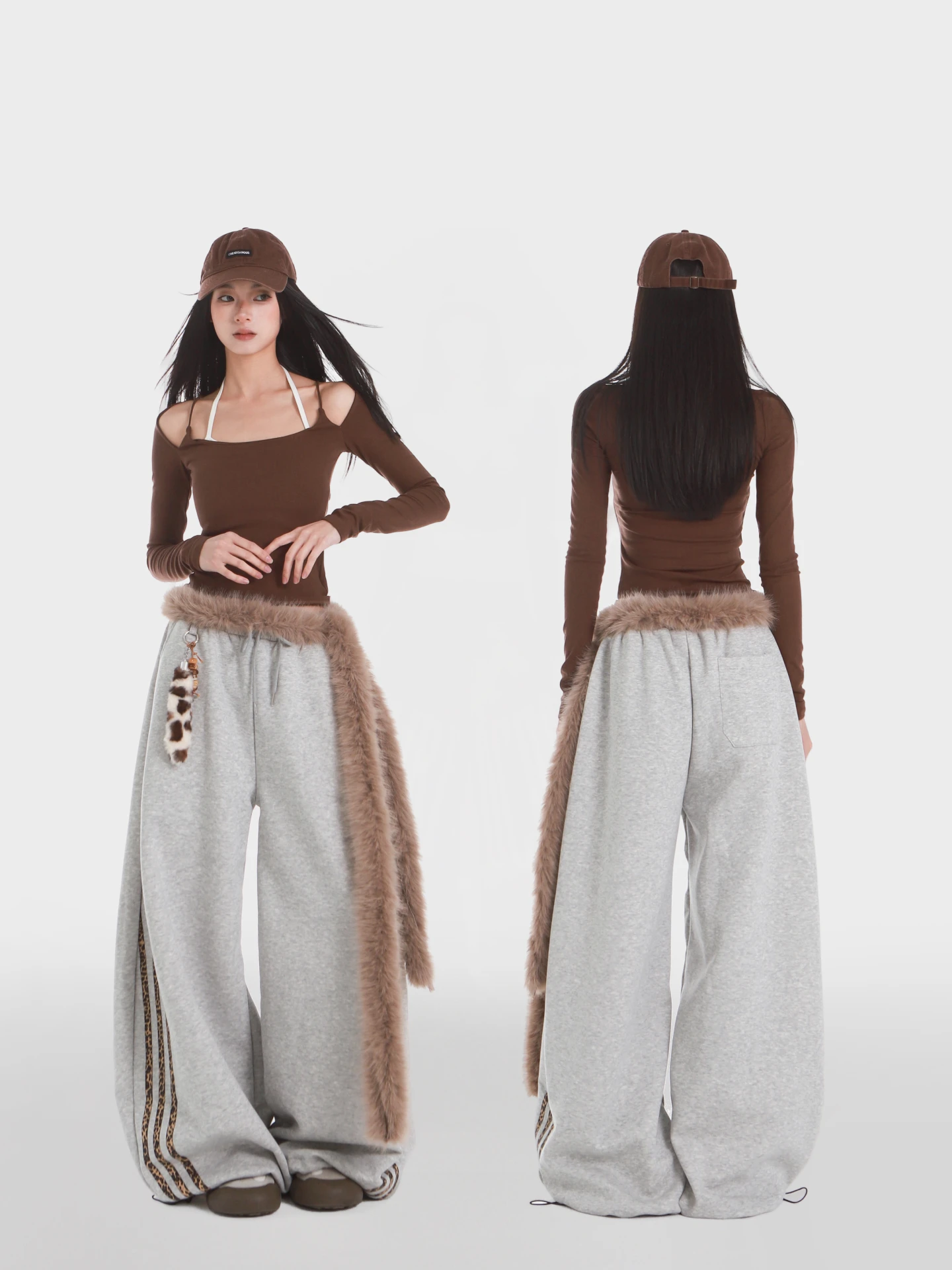 Lin Xiaohua American Retro Coffee Shoulder Bared Short Top Grey Leopard Print Patchwork Stripe Sports Pants Casual Pants