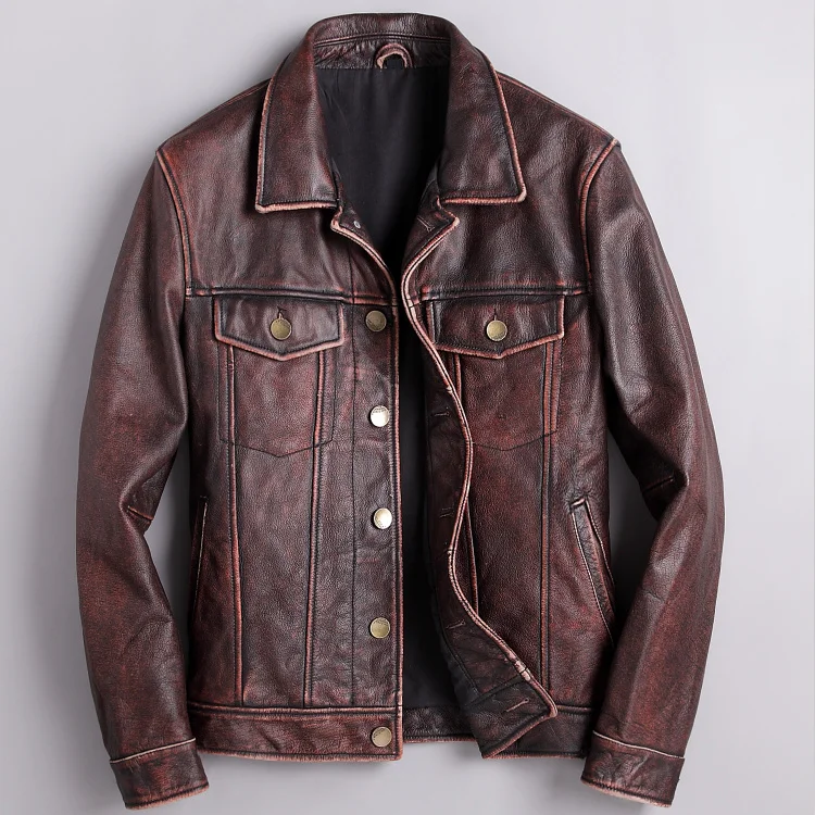 mens new Free shipping.Brand genuine leather jacket.classic vintage style cowhide coat.quality slim cowboy leather clothes