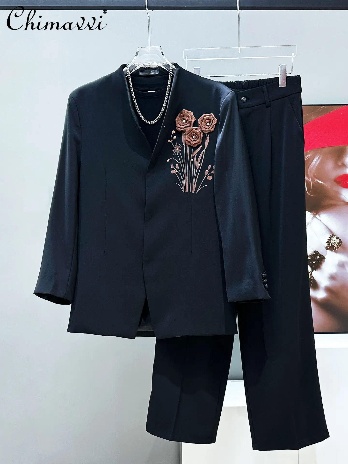 

Original 2026 Spring Korean Fashion 3D Embroidered Rose Single-Breasted Loose Black Blazers Men's Casual Trousers Two-Piece Set