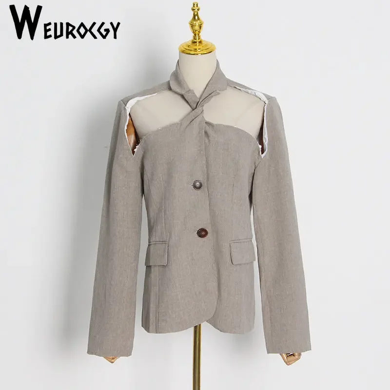 2023 Autumn New Style Personality Women Blazer Turn Down Collar Single Breasted Long Sleeve Back Zipper Hollow Out Suit Jackets