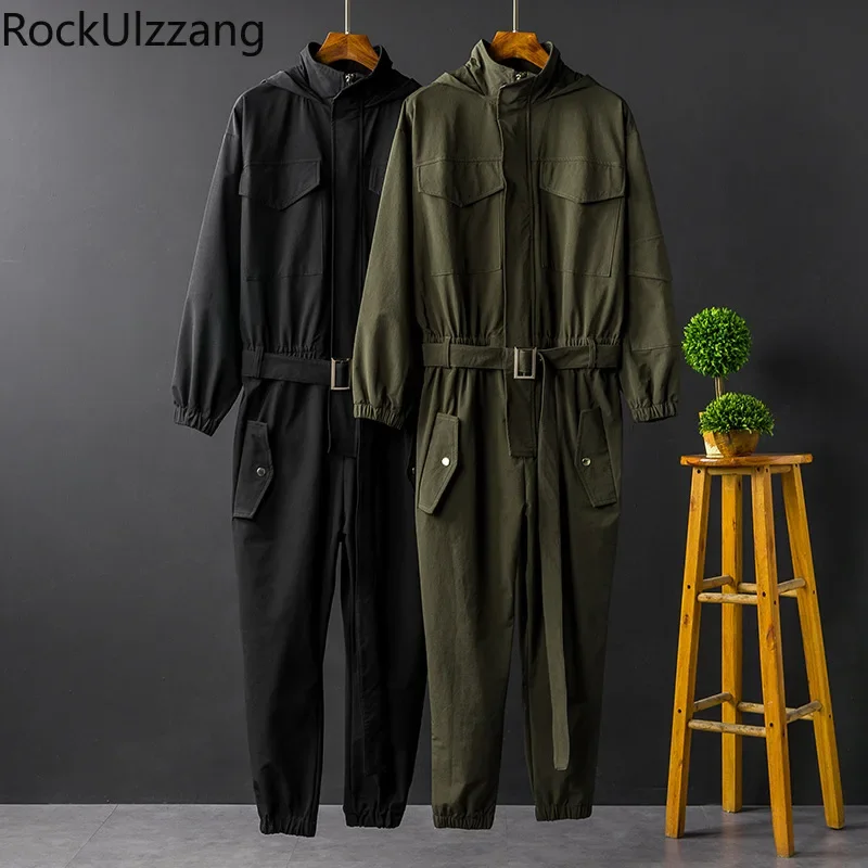 Zip Up Belt Pocket Camo Black Long Sleeve Hooded Top Long Jumpsuit Men Streetwear Japanese Hip Hop Jogger Pant Romper Overalls