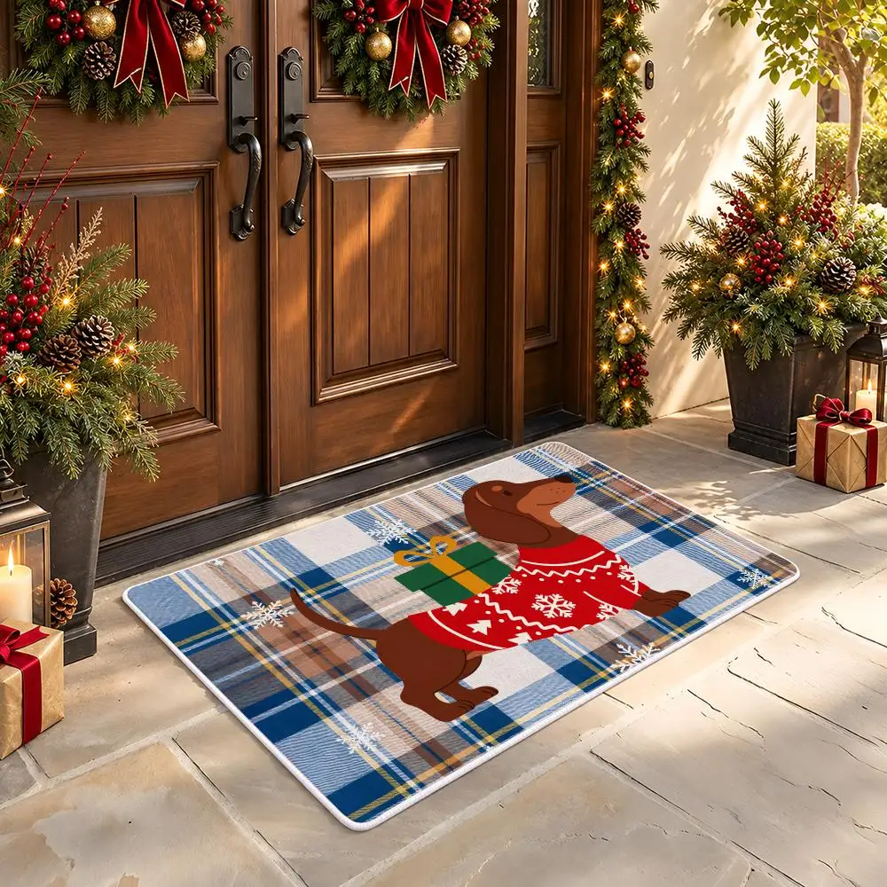 Christmas Sausage Dog Floor Mat Flannel Rug Soft Non Slip Door Mat for Bathroom Bedroom Kitchen Festival Home Decor
