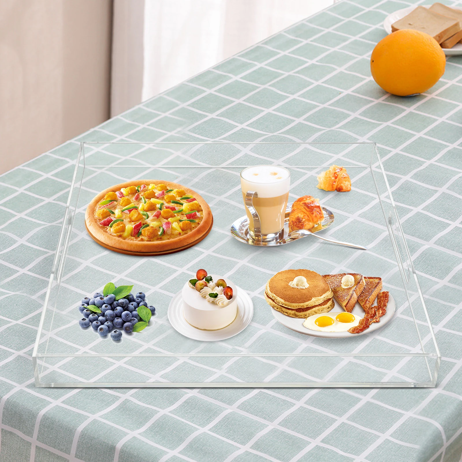 

48*48*5CM Large Transparent Acrylic Tray Podium Award Ceremony Cafeteria Dining with Handle Tray Countertop Organization