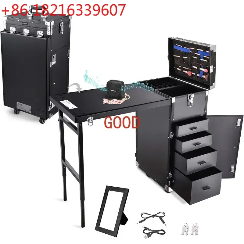 

TAO Rolling Manicure Table Foldable Nail Table Makeup Train Case with Desk Cosmetic Trolley Travel Storage Organizer with 4 Draw