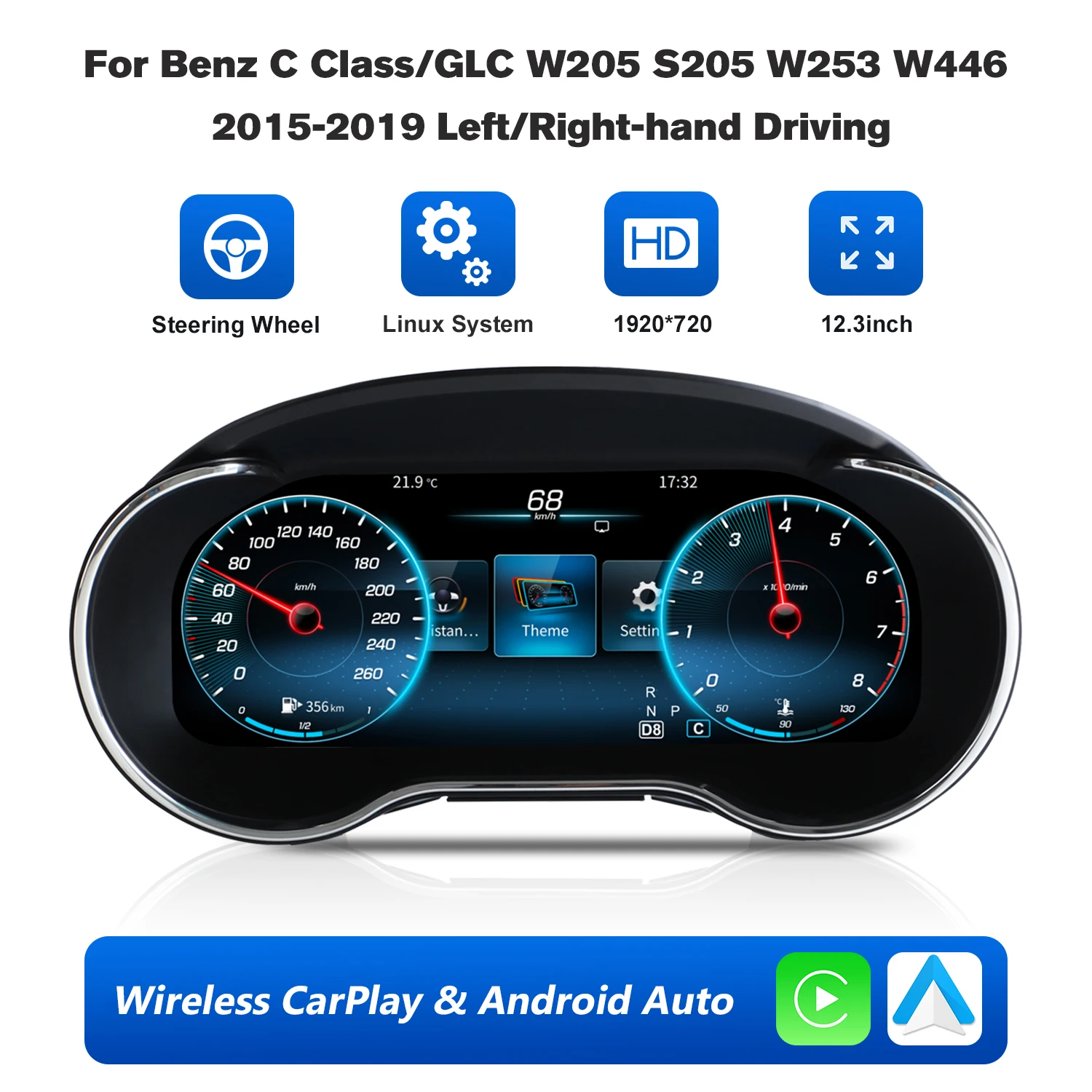 Speedometer Instrument Dashboard with Carplay New Auto Meter for Mercedes Benz C-Class/GLC/W205 2015-2019