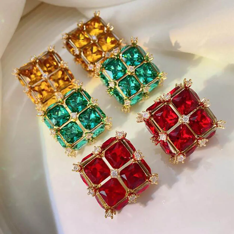 Square green rhinestone earrings translucent crystal retro court elegant women gift-box shape vintage stud earring