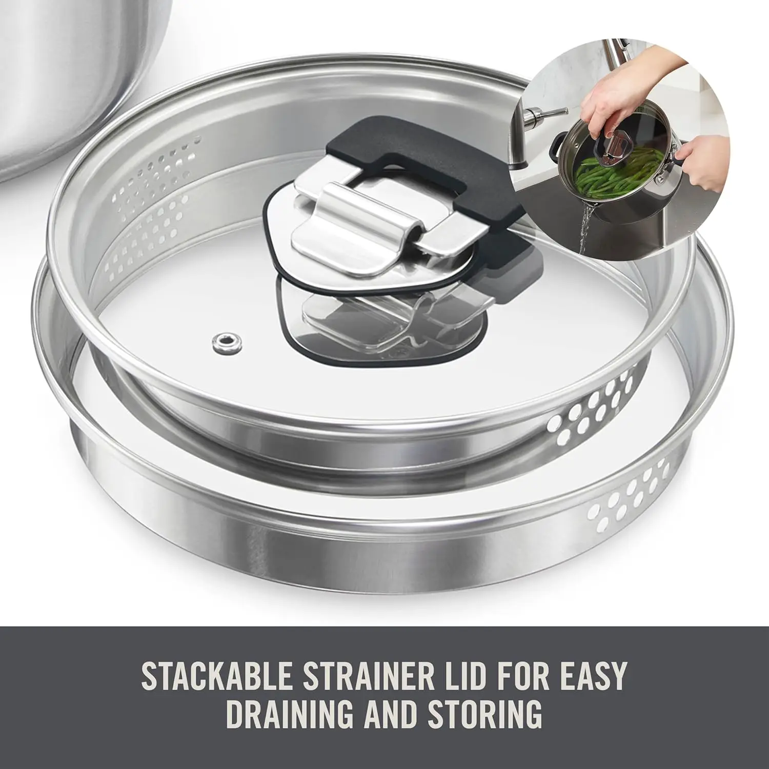 طقم أواني طهي من الفولاذ المقاوم للصدأ مكون من 10 قطع مع أغطية مصفاة - أسود