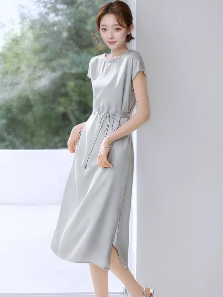 Women Solid Satin Luxury Party Evening Dress Summer Short Sleeve Bow Bandage Loose Dress 2025 Korean Fashion Elegant Party Dress