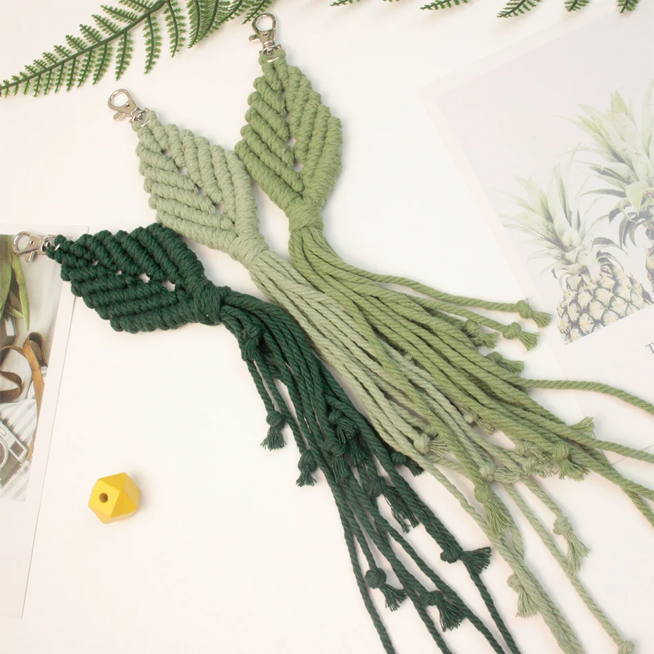 Handmade Woven Large Leaf keychain Macrame Kit With Tutorial For Beginners Hand DIY Leaf Tassel Key Chain Lanyard Pendant Craft