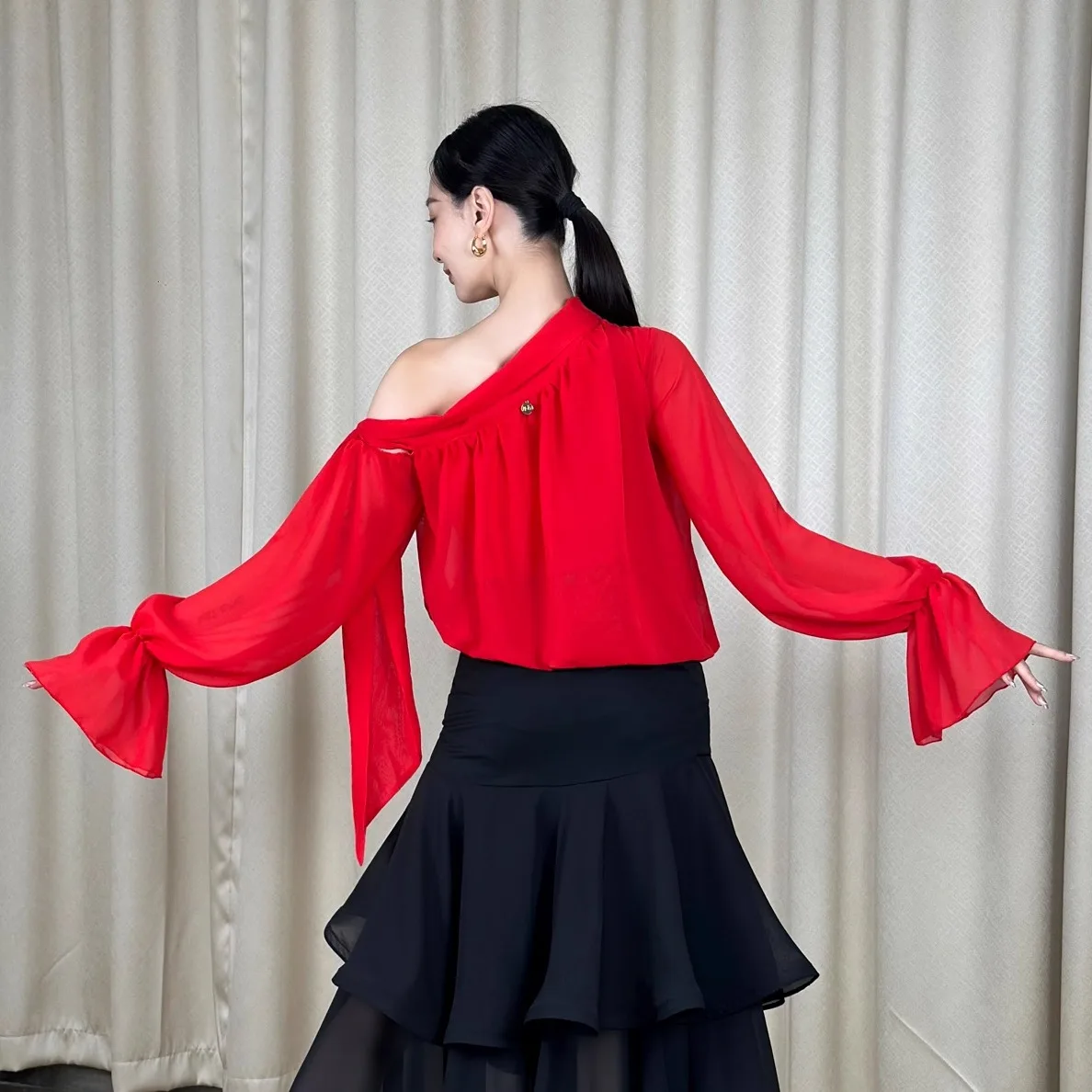 2025 Schuine Schouder Mesh Top Moderne Dans Kleding Voor Vrouwen Latin Wals Ballroom Dans Volwassen Praktijk Kostuums Dragen DN22299