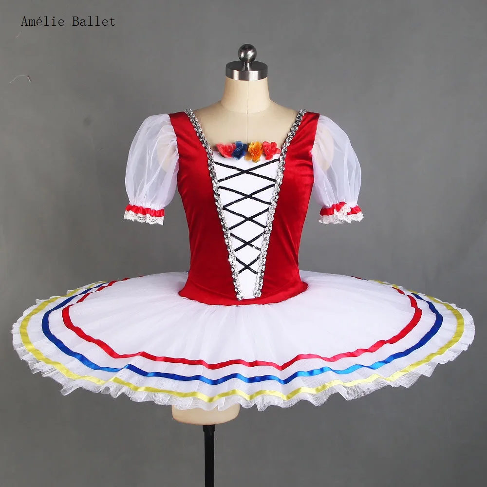 

BLL438 Adult Child Short Sleeves Red Velvet Bodice with White Pleated Tutu Skirt Pre-Professional Ballet Costumes Pancake Tutu