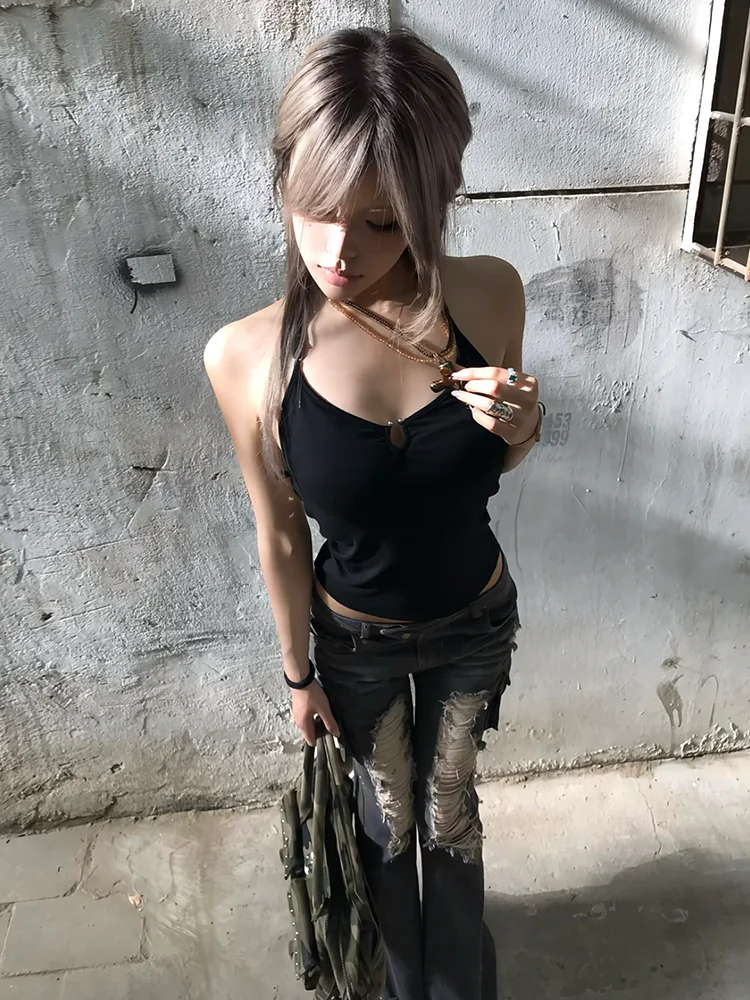 REDDACHiC Women Destroyed Cargo Jeans Gyaru Y2k Distressed Low Waist Dual Button Slim Flare Pants Vintage Harajuku Streetwear
