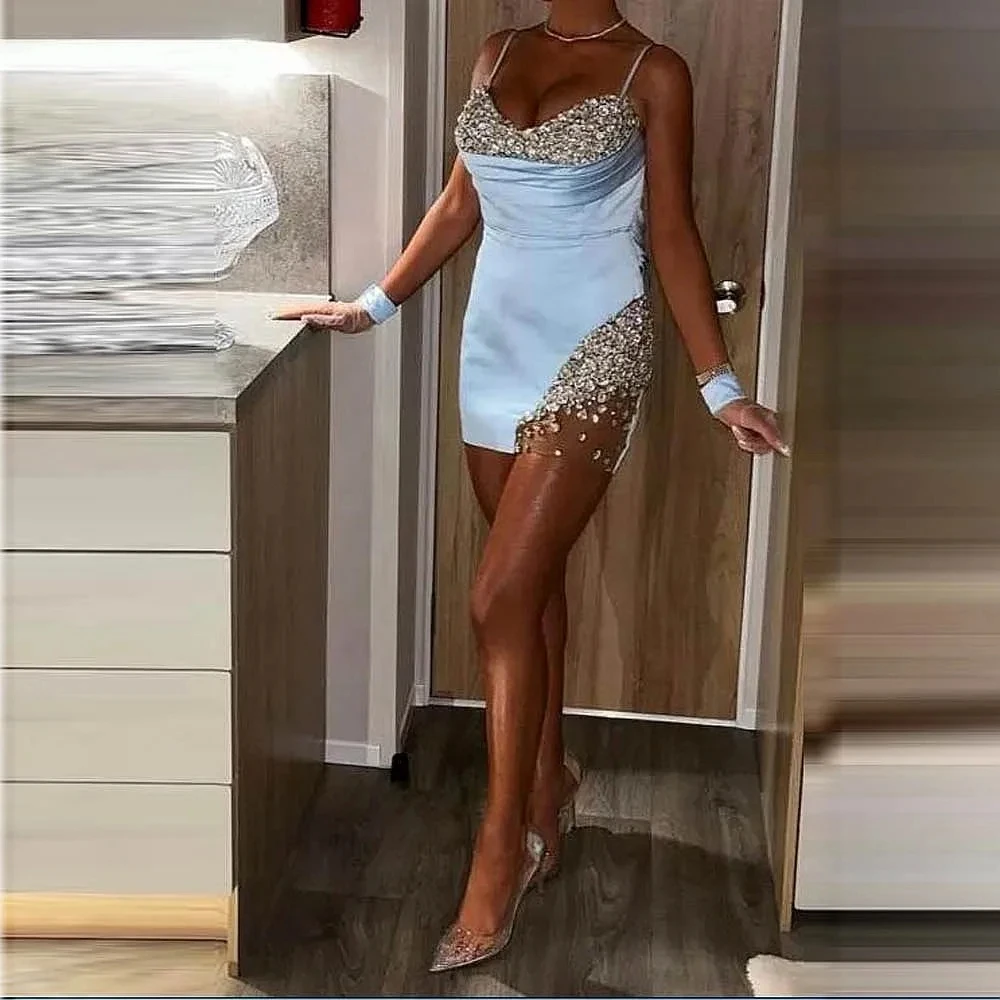 Short Ice Blue Prom Dresses Crystals robe de bal vestidos de curto فساتين مناسبة رسمية Fashion Party Dress Short Knee Length