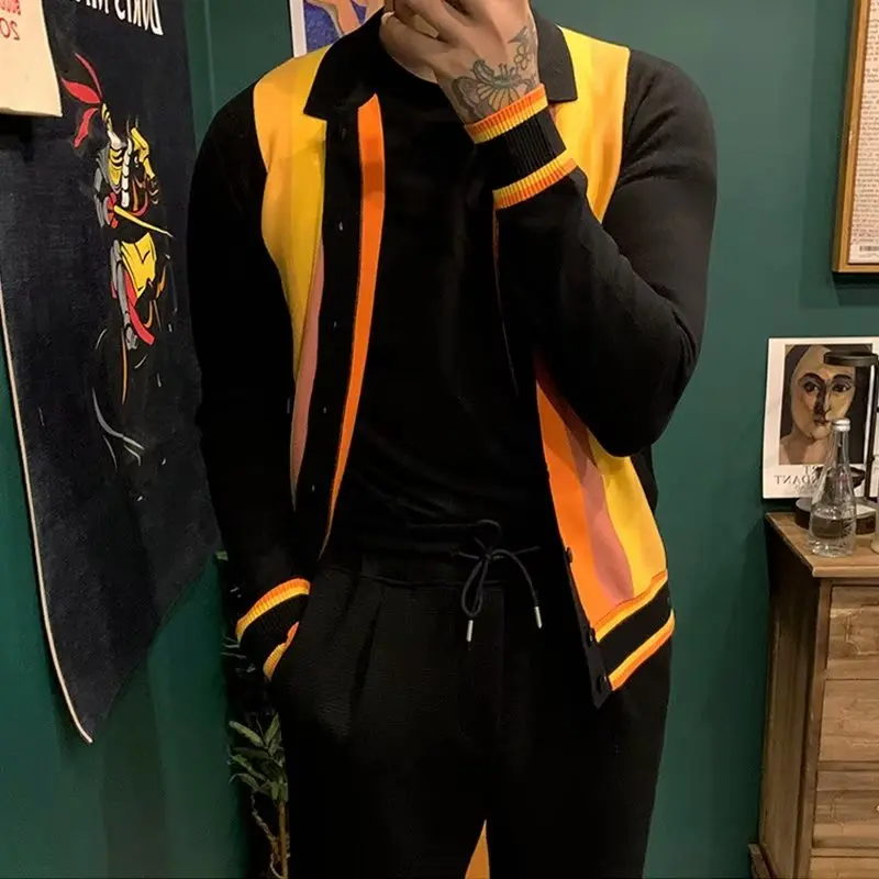 

Autumn Winter Large Size Men's Knitted Cardigan Trendy Slim Fit Collared Open Front Sweater Vertical Stripes 250 Pou Outer...