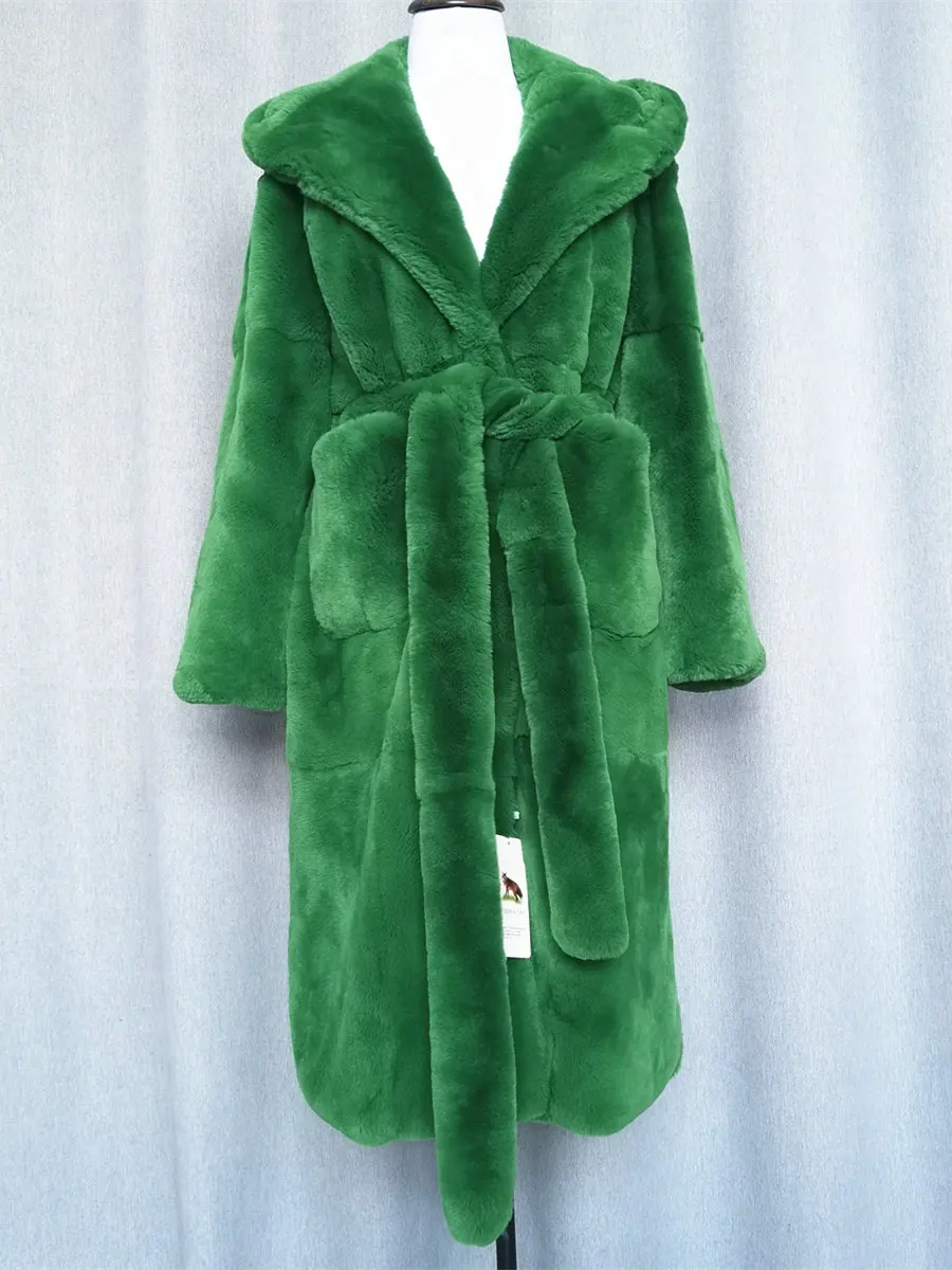 Imagem -05 - Inverno Novo Real Rex Pele de Coelho Grama Cabolsa de Pele Natural Longo Feminino Wear Verde 2023