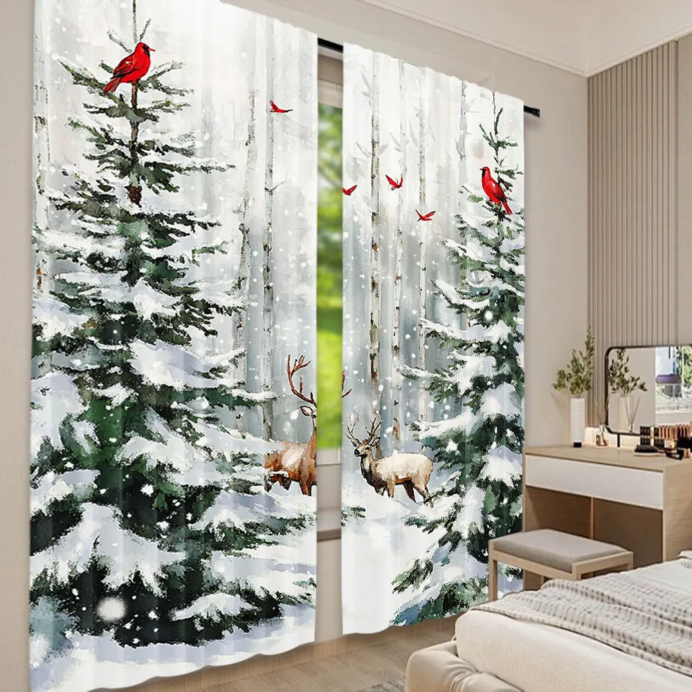 

2Pcs Christmas Curtains. Deer In Snowy Landscape. Christmas Tree Curtains. Suitable For Living Room Bedroom Kitchen And Bathroom