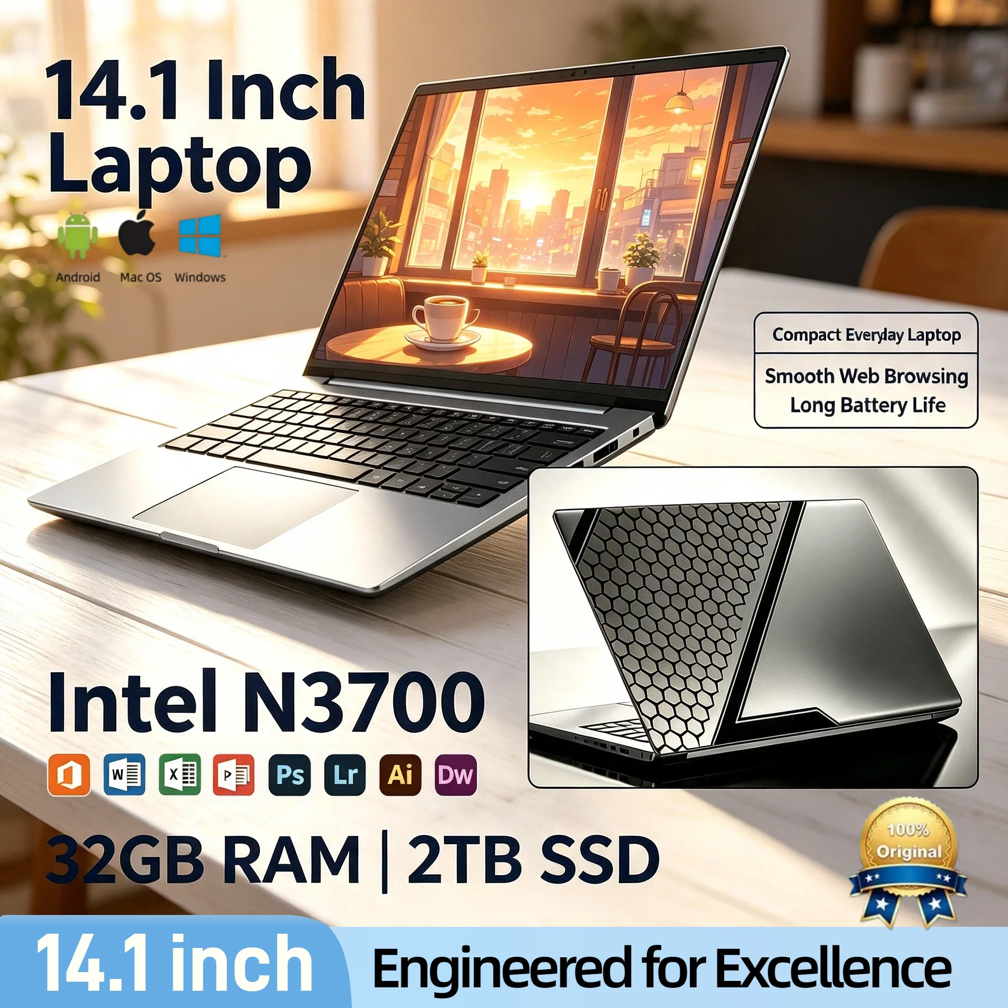Intel N3700 14.1 Inch Laptop 4C4T 1.6GHz Base 2.4GHz Turbo 16GB RAM 2TB SSD Ultra Slim Gaming Pro High Performance Max