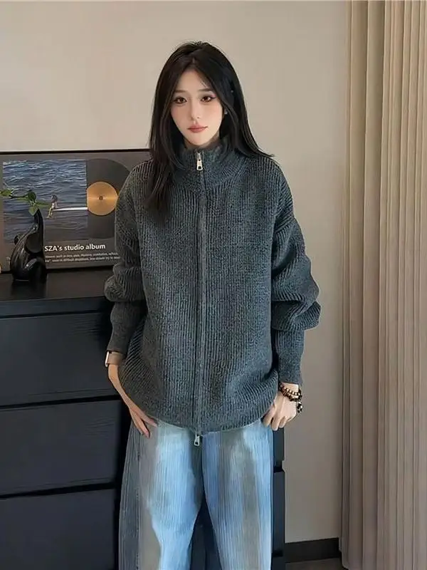 

American Sle f High Collar Sweater Cardigan Men's Autumn High Sensation Lazy Sle Loose Knitted Loose Zipper Coat