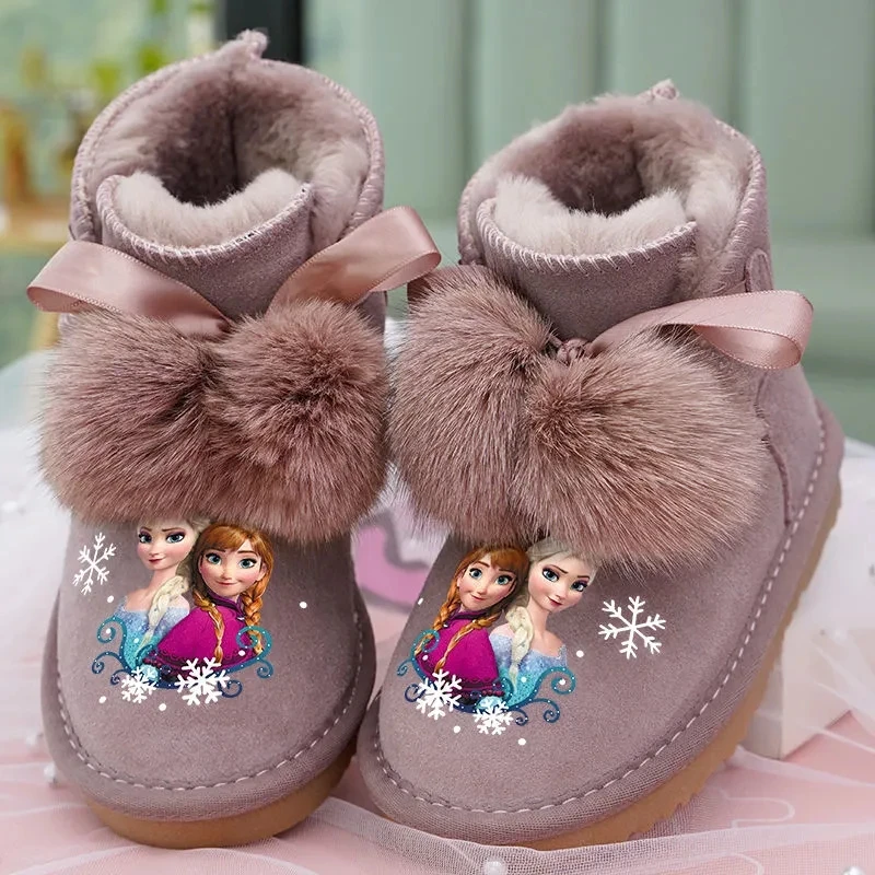 Disney Children\'s Cartoon Ankle Snow Boots frozen princess Elsa Anna Non-slip Thick Warm Cotton Shoes fashion Bow Size 23-37