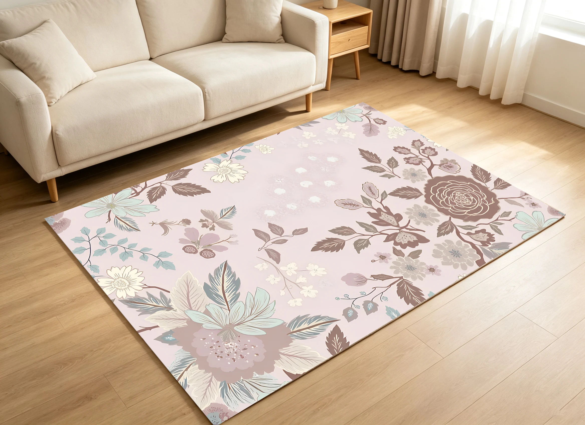2D Velvet Rug, Soft Pink, French Retro Floral Style, Soft & Skin-Friendly, for Living Room & Bedroom, Enhances the Space