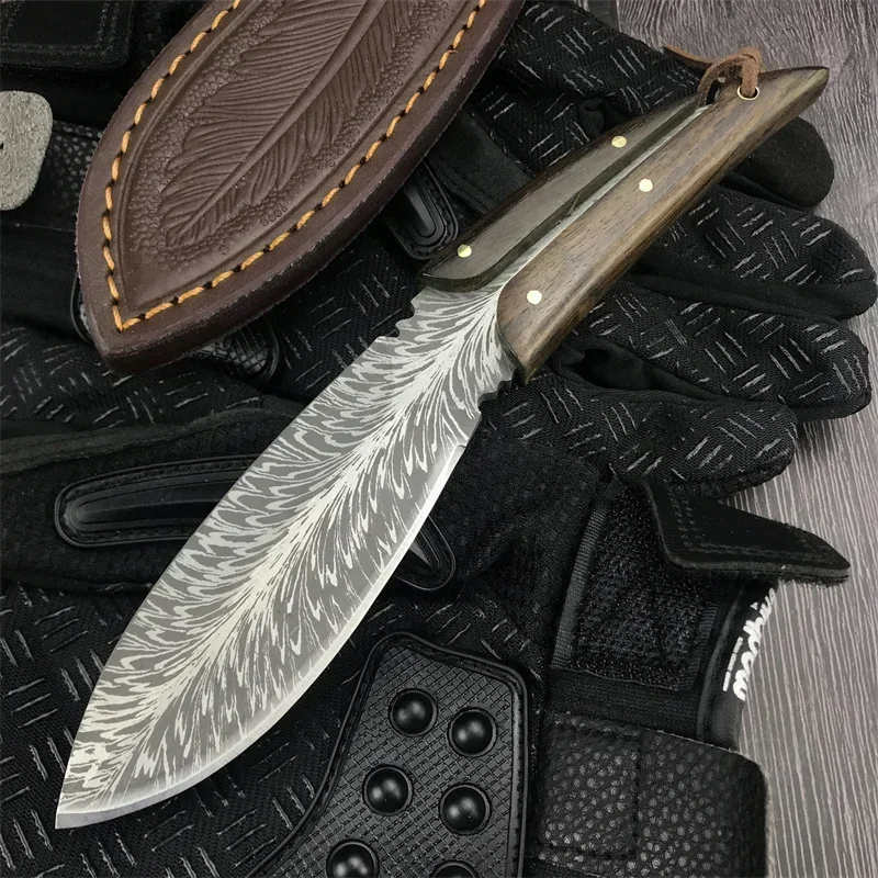 

Hunting Fixed Blade Knife Feather Pattern Blade Walnut Handle Outdoor Tactical Camping Self Defense Straight Neck Chain Knives