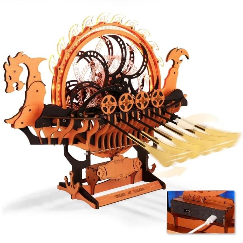 Robotime Boat Wooden Models 3D Puzzle Wooden Model Kits Viking Dragon Ship with Motor and LED Light Unique Gifts Ship