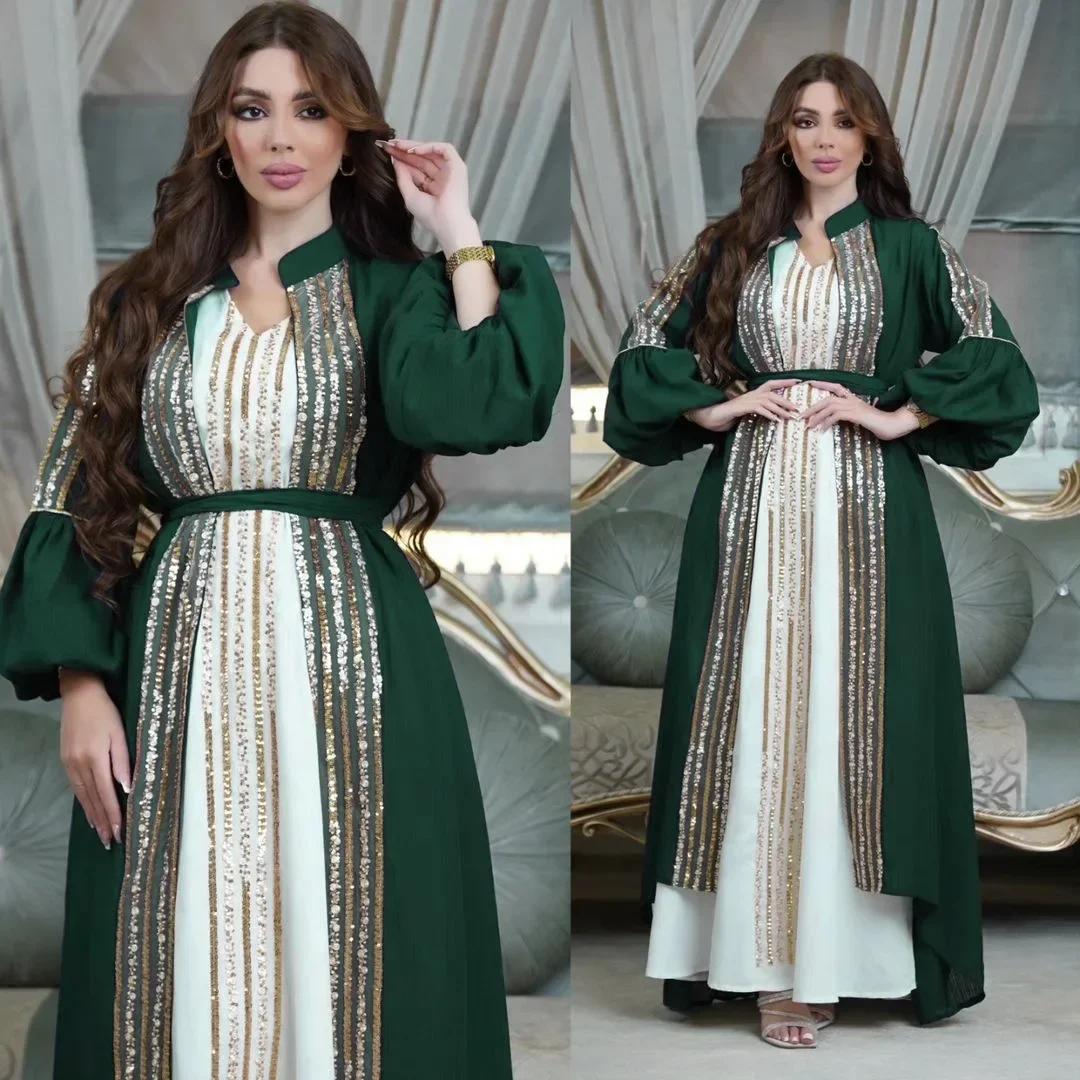 Sequin Muslim Set Embroidery Abaya for Women Morocco Party Dress Two-piece Lace-up Muslim Dresses Caftan Evening Robe Vestidos