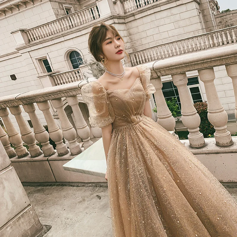 Champagne Evening Dress 2022 Summer New Elegant Square Neck Sequined Princess Puff Sleeves Tulle long Graduation Ceremony Gonws