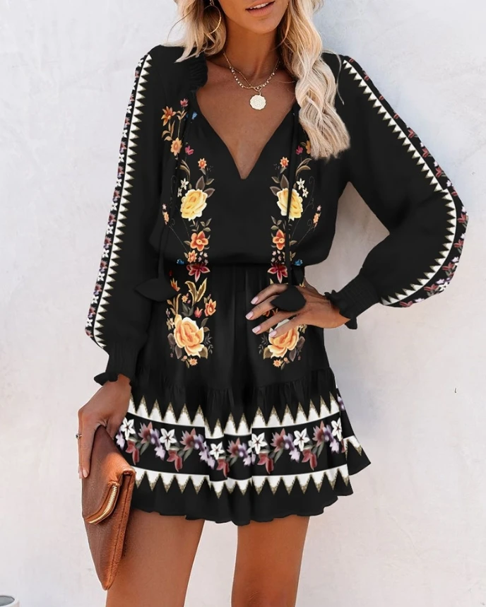 Floral Geometric Print V Neck Long Sleeve Mini Dress Ruffle Hem Tied Detail Casual Dress