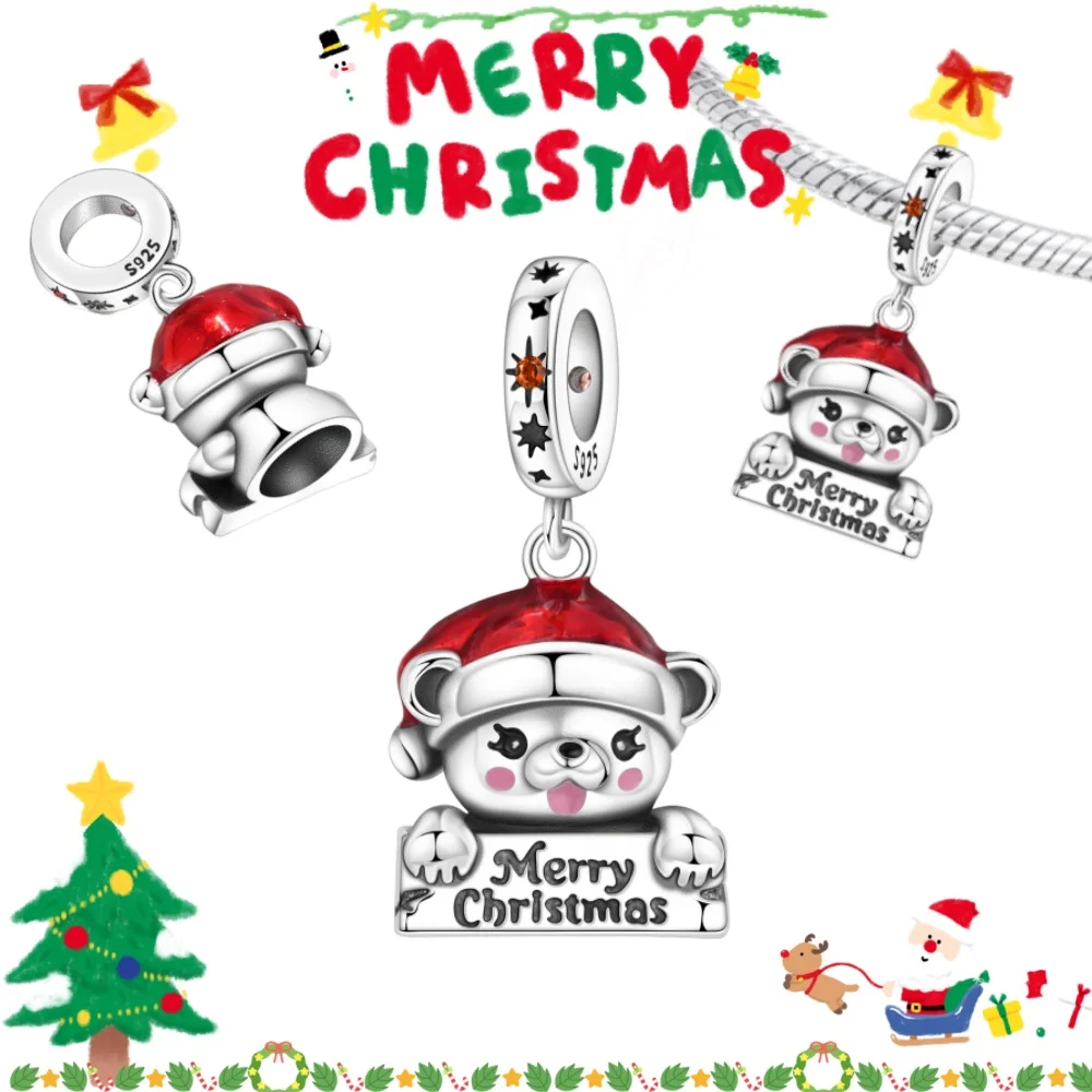 

Рождественская стерлингового серебра 925 пробы, милая красная рождественская шляпа, подвески с белым медведем, подвески, подходят для браслета «сделай сам», женские ювелирные изделия, подарки на вечеринку