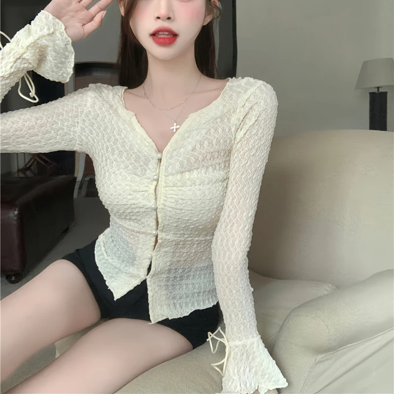 

New Spring Fashion Women Shirt Sweet V-neck Pleated Lace Up Blouses Top Femme Slim Fit Short Sleeve Sun Shield Blusas Mujer