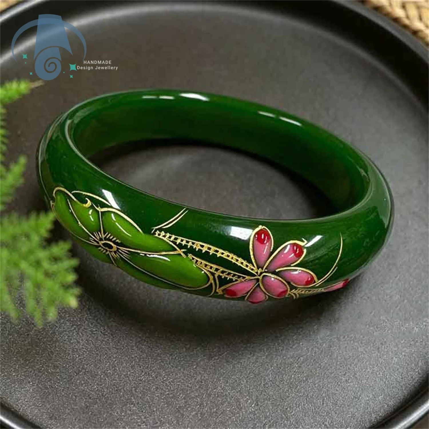 Enamel Jade Bangle Carved Carp Lotus Spinach Green Vintage Retro Style Womens Daily Wrist Jewelry Charm Handmade Elegant Classic
