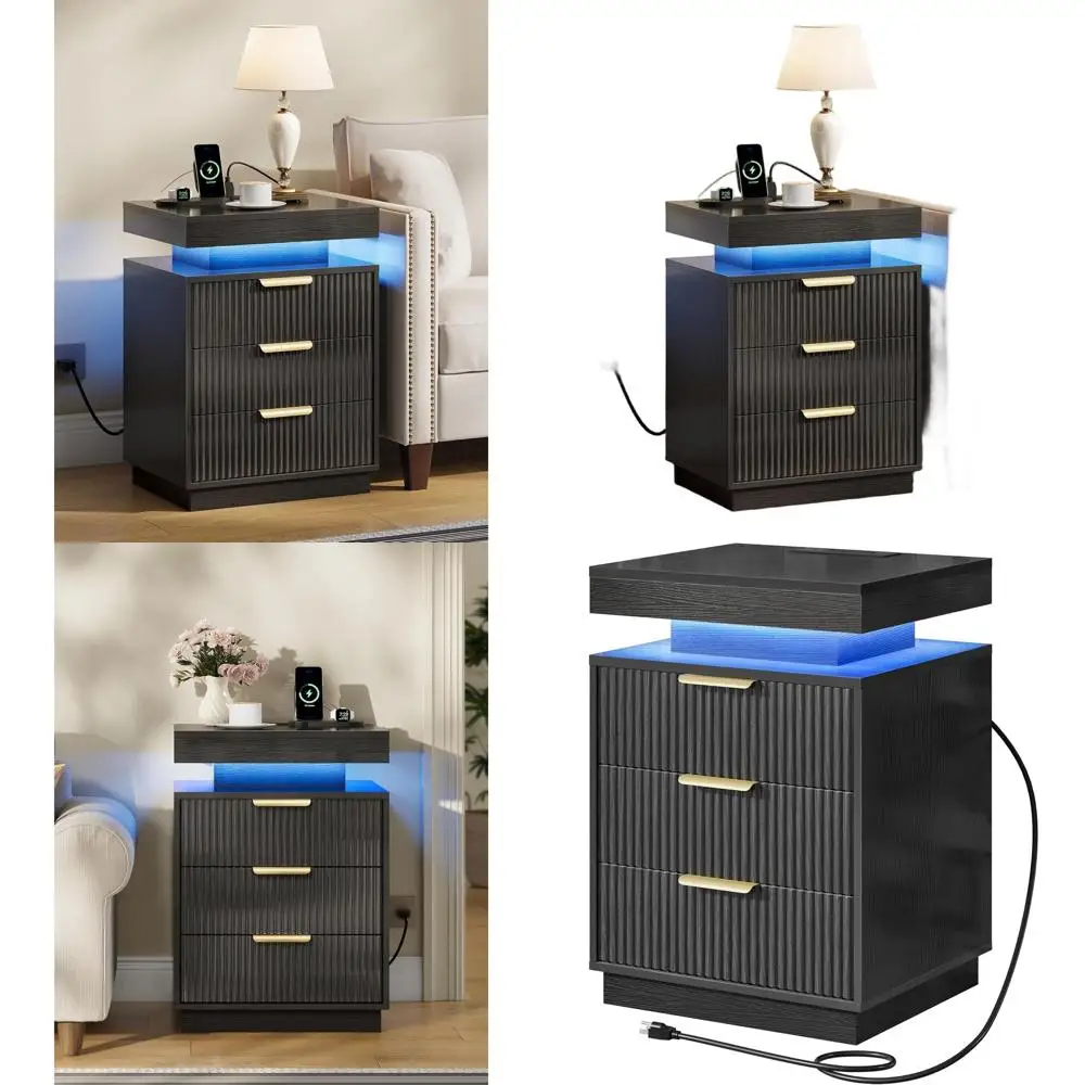 

Современная прикроватная тумбочка со светодиодной подсветкой, зарядной станцией, 3 ящиками и плавающей столешницей, портами USB и Type-C, для спальни