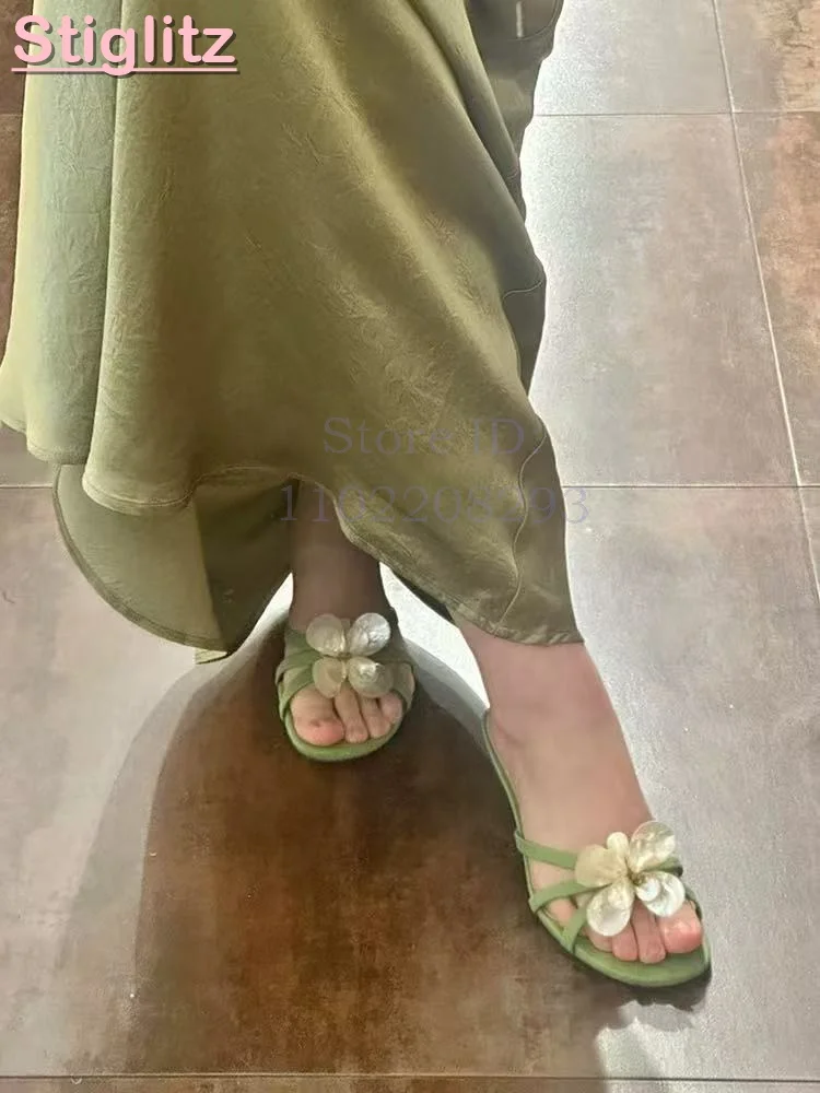 White Flower High Heels Slippers Satin Green Open Toe Shallow Slip-On Elegant Sandals 2026 Summer New Fashion Dress Shoes view 6