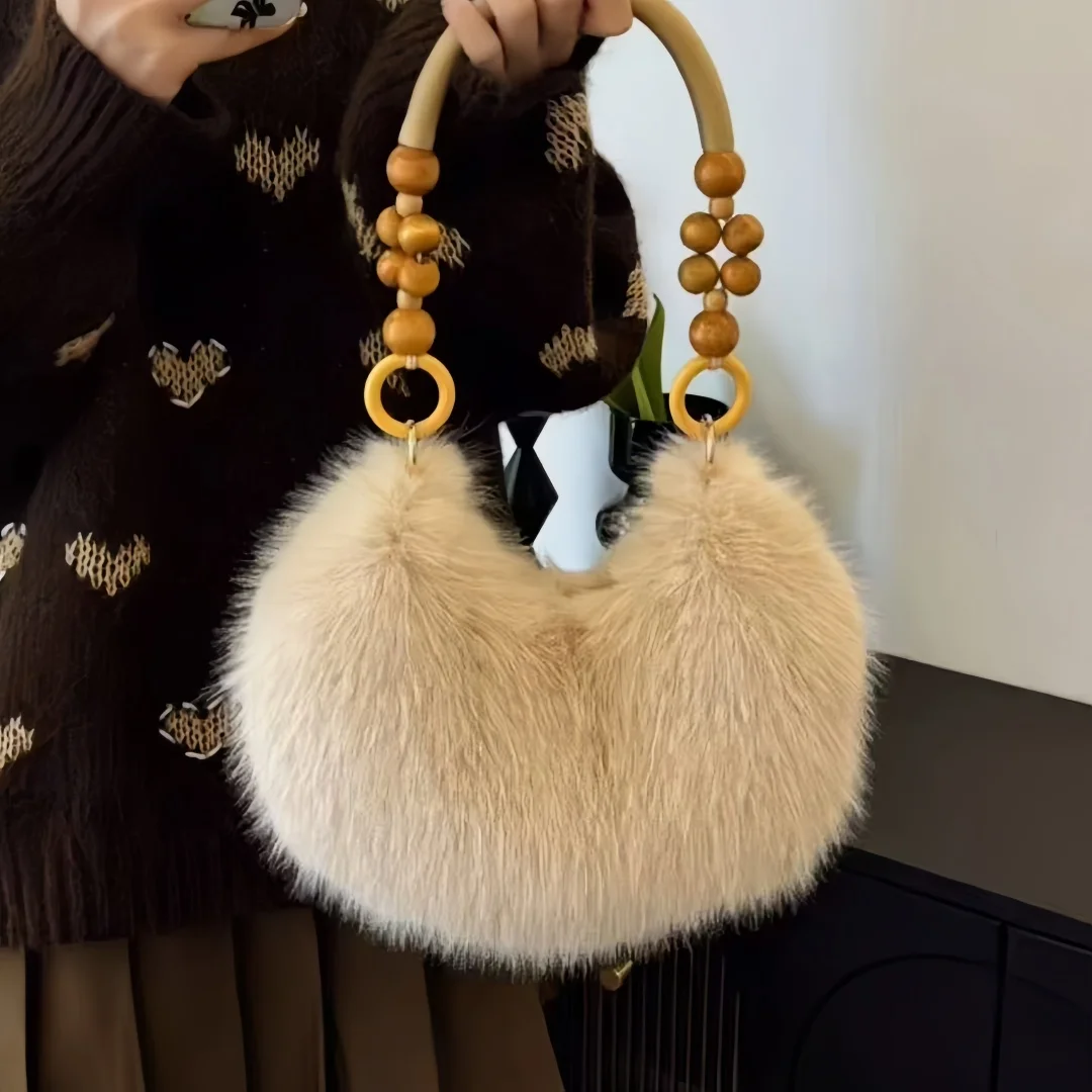 Women Faux Fur Crescent Handbag Wooden Bead Decor Handle Zipper Closure Elegant Fluffy Plush Underarm Shoulder Bag Daily Wear
