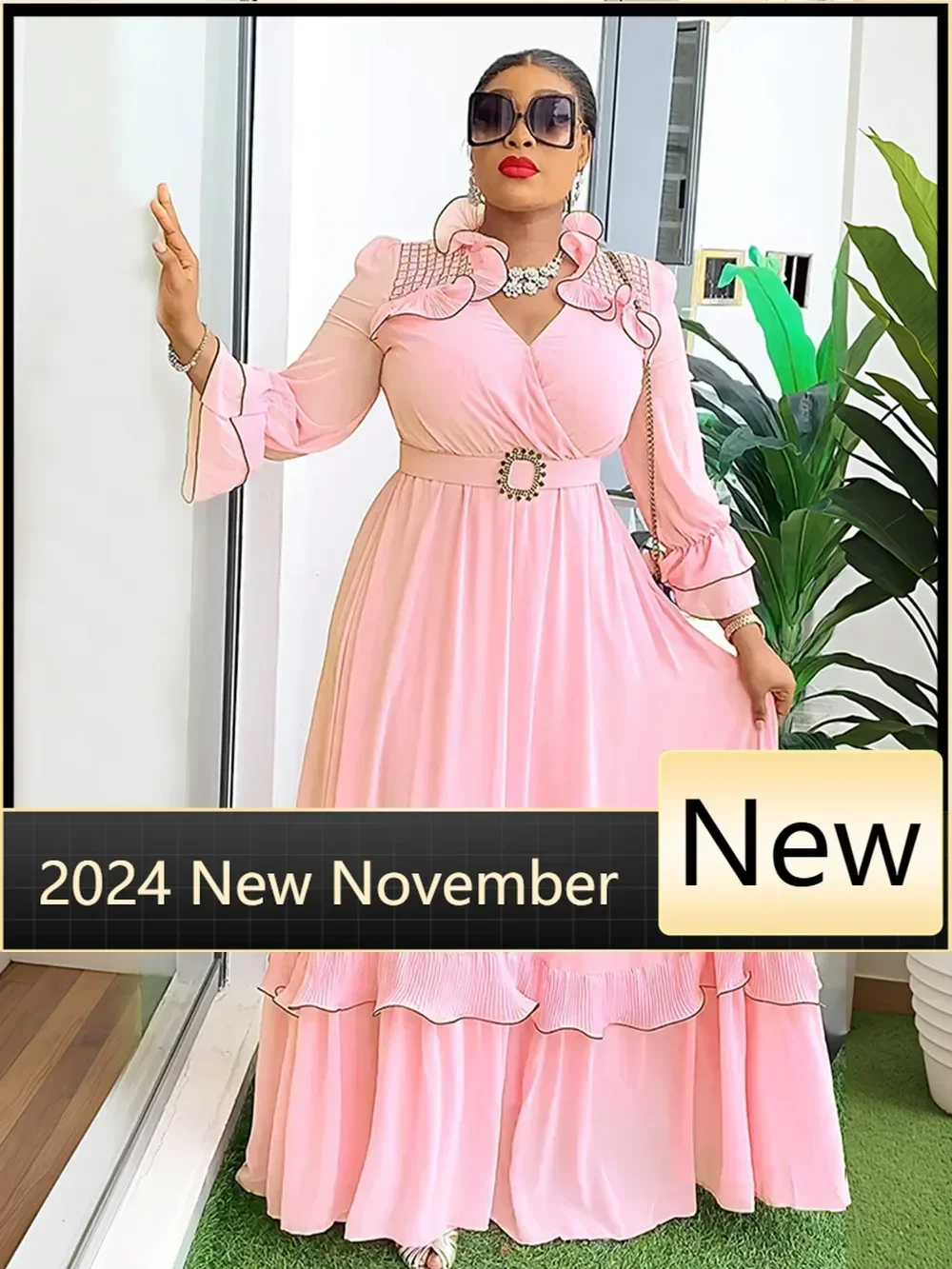 

African Party Evening Wedding Dresses for Women 2025 Summer V-neck Polyester 3/4 Sleeve Long Maxi Dress Gowns Africa Clothing