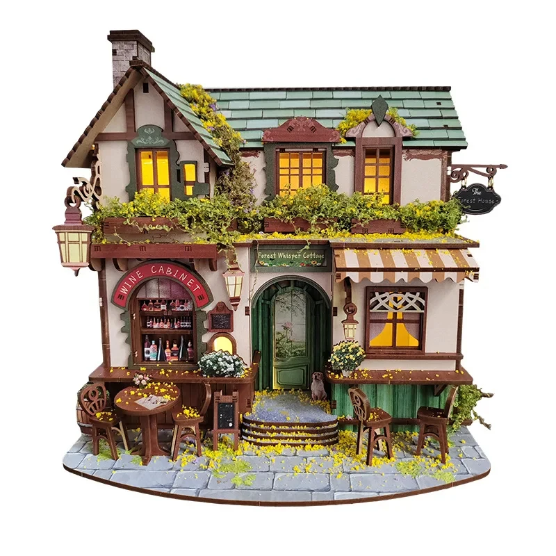 

OUZEY Wooden Forest Cottage Miniature Model Kits DIY with Furniture LED Lights Dollhouse Craft Kit for Friends Birthday Gift