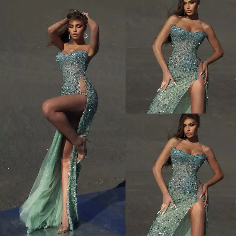 

Modern Mermaid Evening Dress Strapless Sleeveless Beaded Sequins Prom Gowns Sexy High Splits Formal Party Dresses Customized