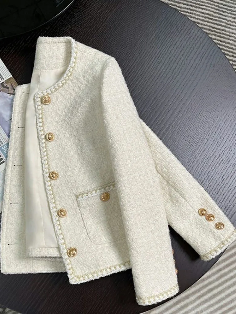 Chic White Tweed Jackets Women Korean Long Sleeve Sweet Coat Women Fashion O Neck Elegant Casual Female All Match Outwear Tops