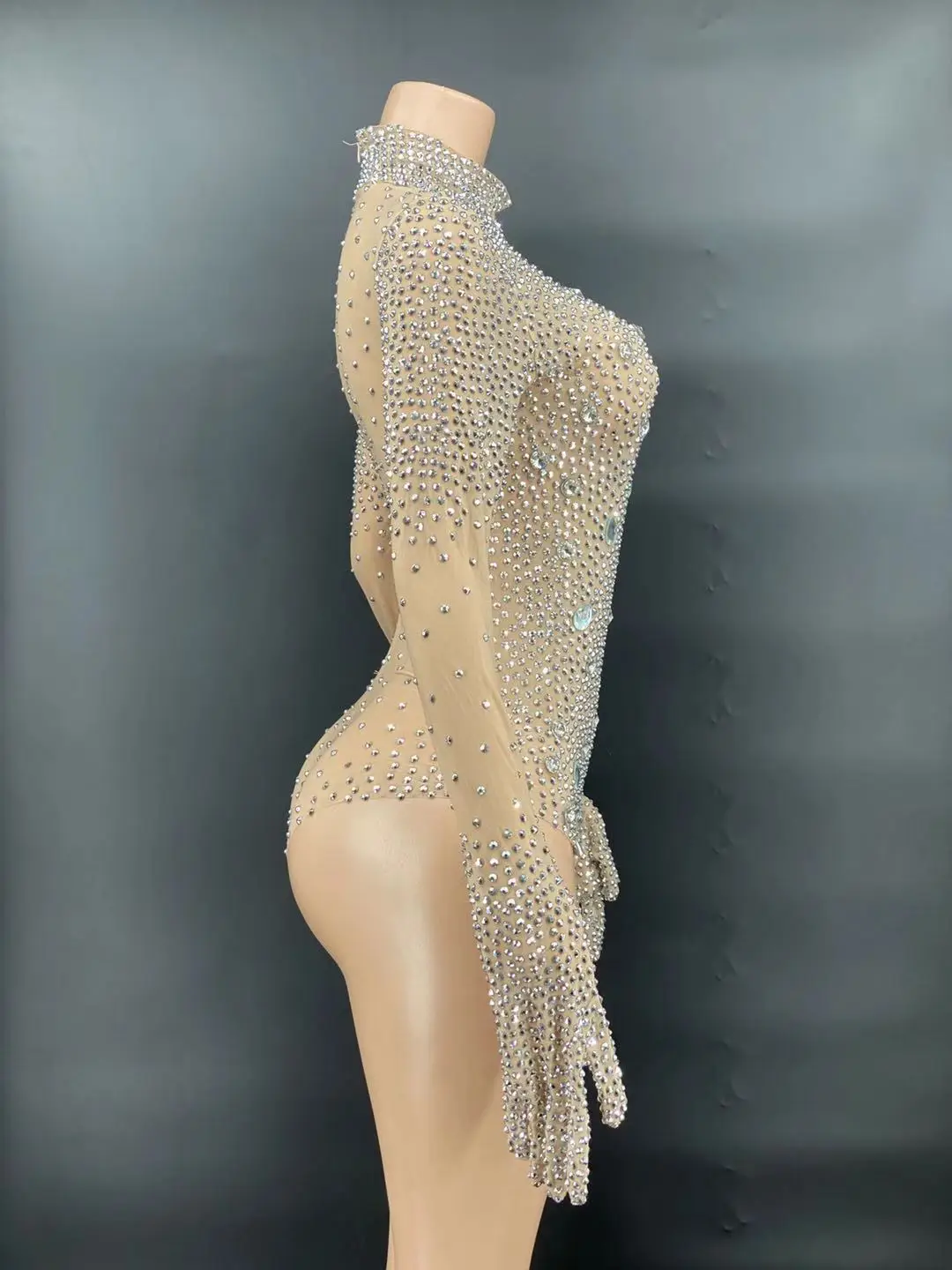 Imagem -03 - Prata Strass Luvas Macacão Transparente Malha Pedras Bodysuit Calças Aniversário Celebrar Roupa Noite Tamanho Grande