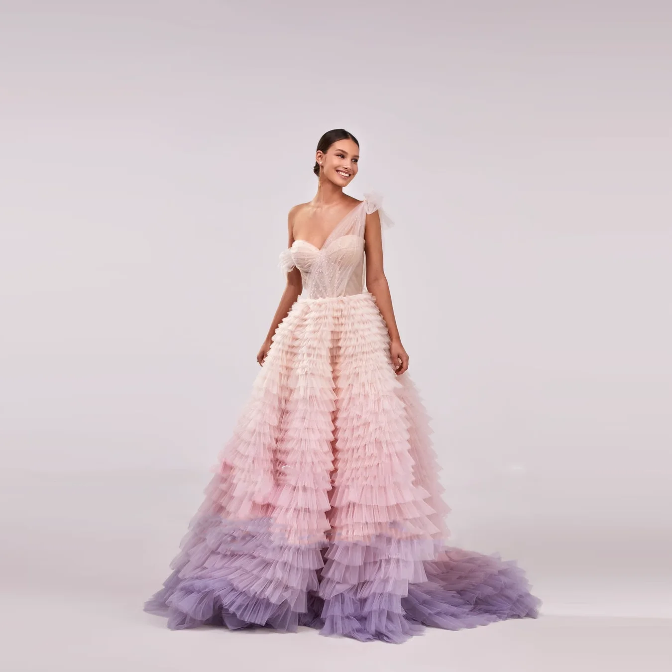 

Gradient Tulle Dresses Ball Gown Off Shoulder Beaded Extra Puffy Ruffles Women Party Dress Pink Luxury Dubai Tierred Prom Gowns