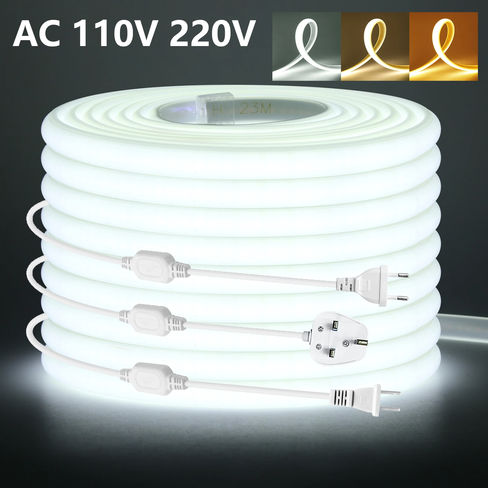 

Светодиодная лента COB 110 В 220 В RA90, супер яркая, 288 светодиодов/м, водонепроницаемая светодиодная лента с вилкой ЕС/Великобритании/США, 0,5 м, 5 м, 10 м, 20 м, 35 м, гибкая лента