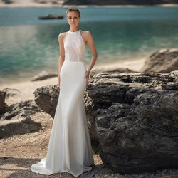 Customized Classic High Halter Wedding Dresses Sleeveless Applique Lace Illusion Bridal Growns Mermaid Sweep Vestidos De Novia