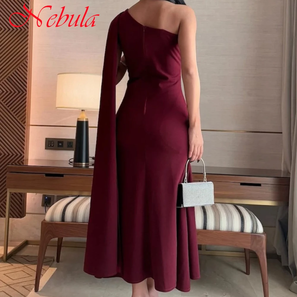 Customized Delicate Burgundy Jersey Evening Dress High Quality Boat Neck One Shoulder Sleeveless Zipper Back Cocktail Dress