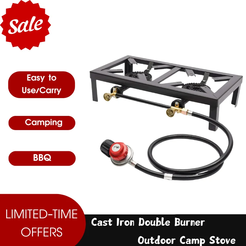 Cast Iron Double Burner Portable Outdoor Camp Stove Propane Gas LPG BBQ Cooker