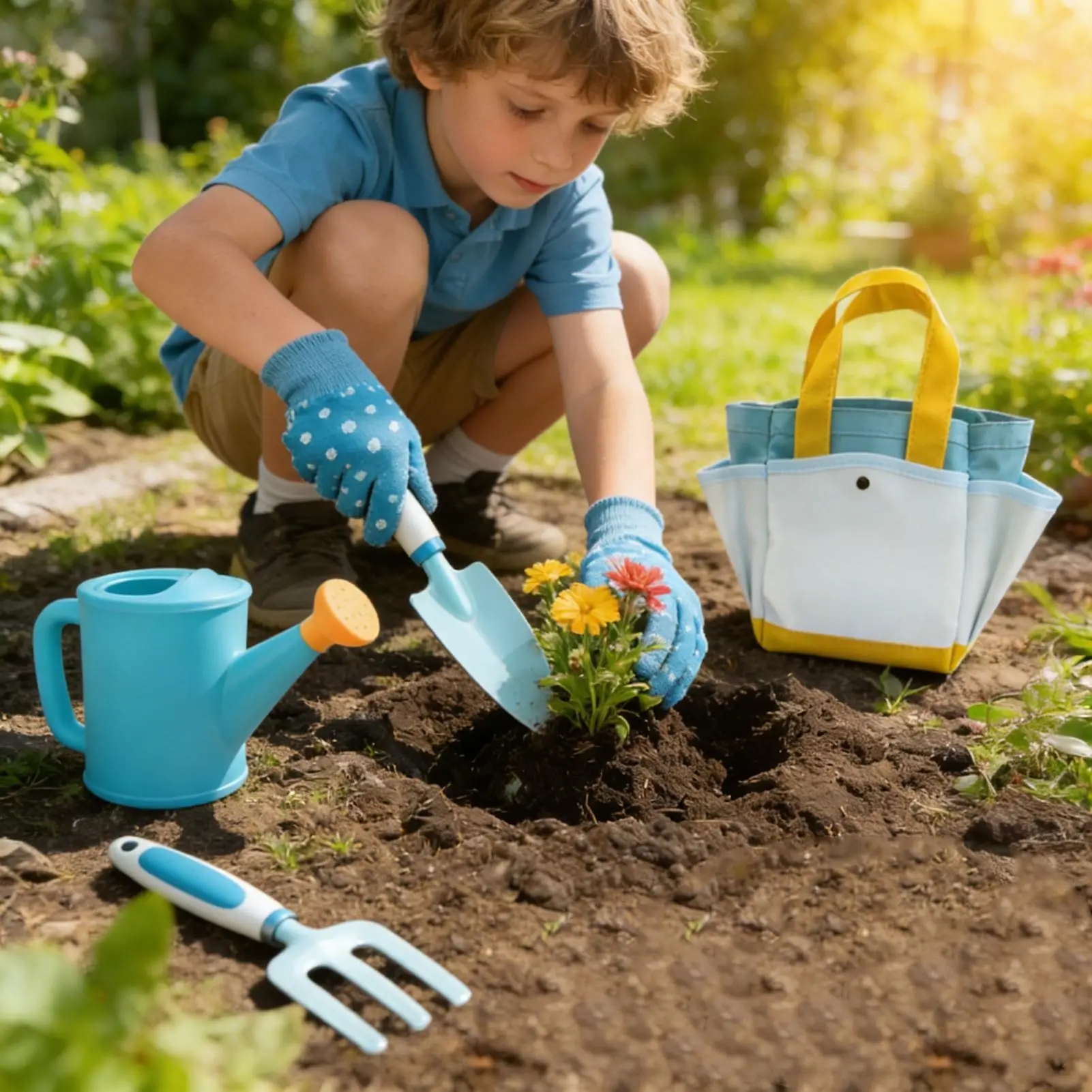 Kids Gardening Set 6pcs Tools with Gloves Educational Outdoor Toy for Pretend Play Planting Watering Vegetable Flower Growing