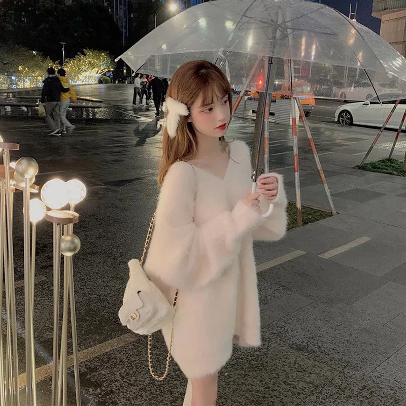 

Мягкий женский свитер V-Ne, верхняя одежда средней длины, осенне-зимний дизайн, милый пушистый теплый полиэстер, чистый цвет